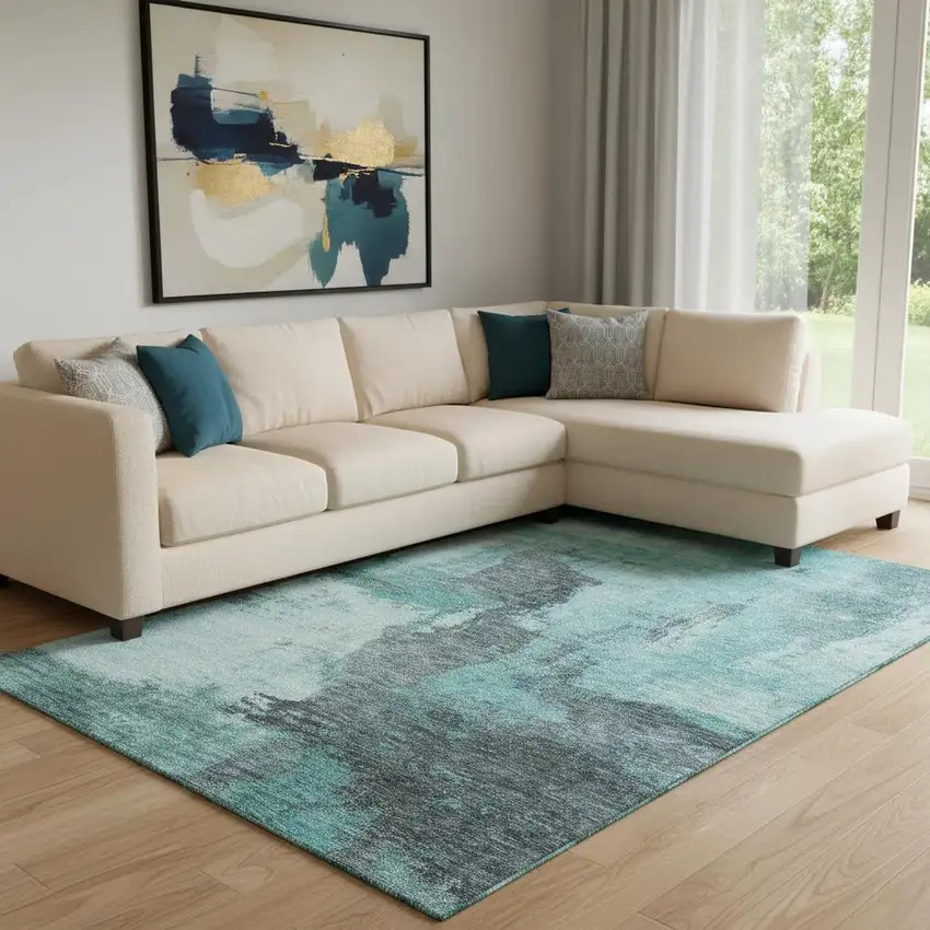 Teal Ivory And Charcoal Abstract Washable Area Rug With UV Protection Photo 2