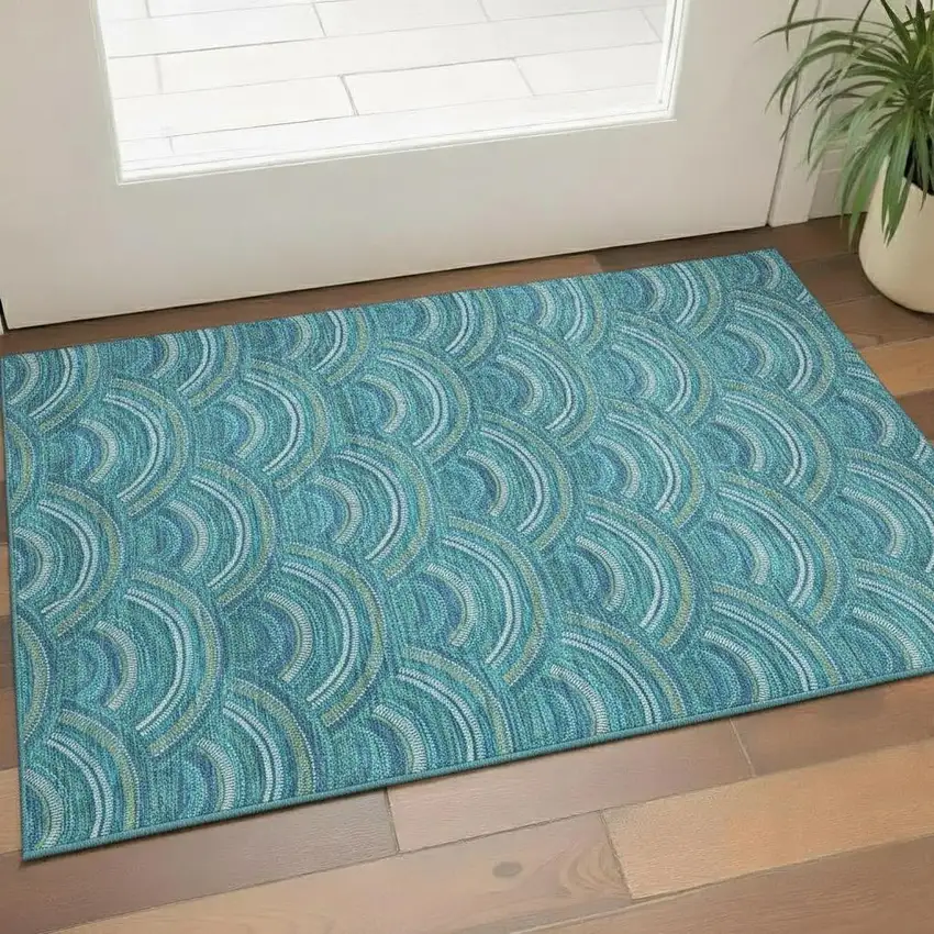 Teal Ivory And Fern Green Geometric Washable Area Rug With UV Protection Photo 2
