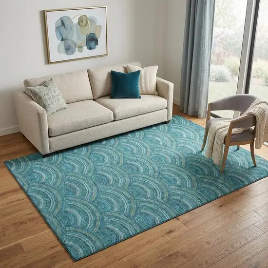 Teal Ivory And Fern Green Geometric Washable Area Rug With UV Protection Photo 1
