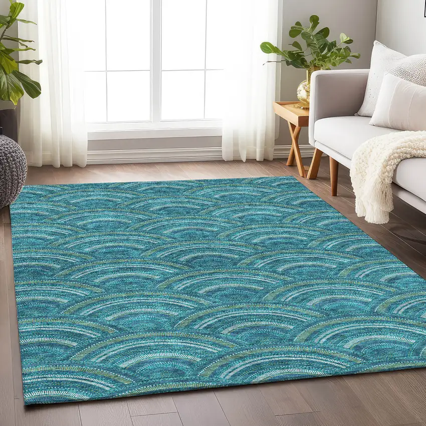 Teal Ivory And Fern Green Geometric Washable Area Rug With UV Protection Photo 4