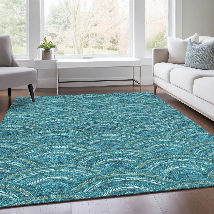 Teal Ivory And Fern Green Geometric Washable Area Rug With UV Protection Photo 5