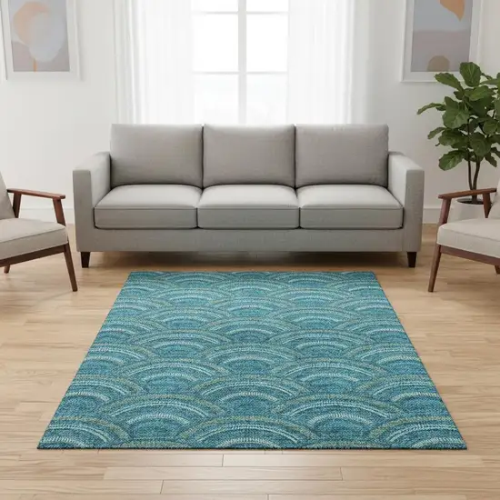 Teal Ivory And Fern Green Geometric Washable Area Rug With UV Protection Photo 2