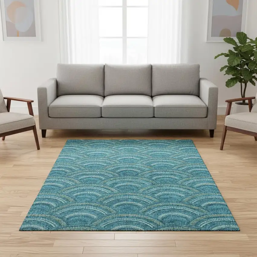 Teal Ivory And Fern Green Geometric Washable Area Rug With UV Protection Photo 2