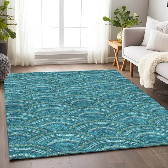 Teal Ivory And Fern Green Geometric Washable Area Rug With UV Protection Photo 4