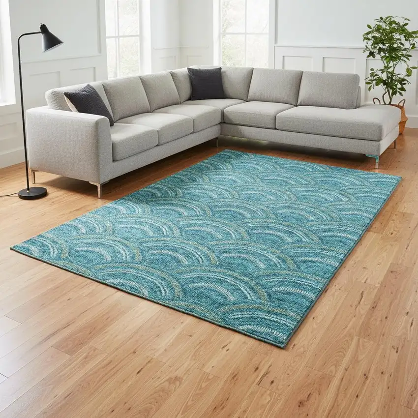 Teal Ivory And Fern Green Geometric Washable Area Rug With UV Protection Photo 2