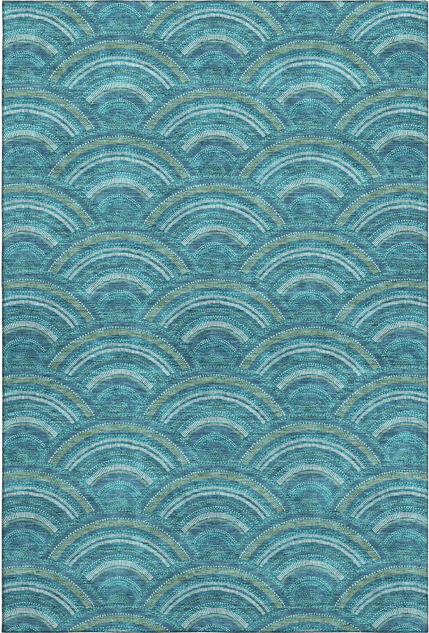 Teal Ivory And Fern Green Geometric Washable Area Rug With UV Protection Photo 1