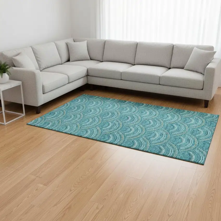 Teal Ivory And Fern Green Geometric Washable Area Rug With UV Protection Photo 2