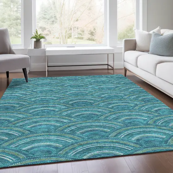 Teal Ivory And Fern Green Geometric Washable Area Rug With UV Protection Photo 5