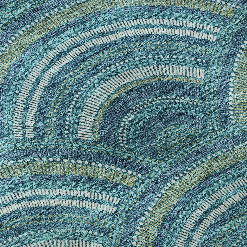 Teal Ivory And Fern Green Geometric Washable Area Rug With UV Protection Photo 9