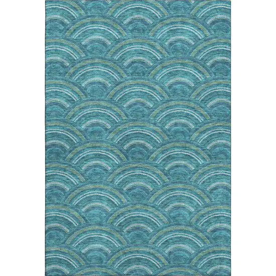 Teal Ivory And Fern Green Geometric Washable Area Rug With UV Protection Photo 1