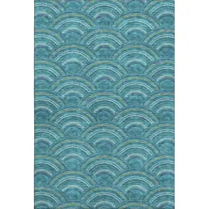 Photo of Teal Ivory And Fern Green Geometric Washable Area Rug With UV Protection
