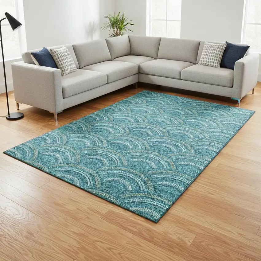 Teal Ivory And Fern Green Geometric Washable Area Rug With UV Protection Photo 2