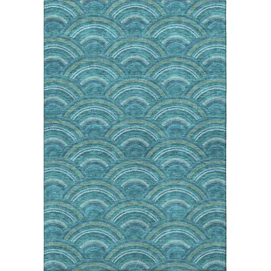Teal Ivory And Fern Green Geometric Washable Area Rug With UV Protection Photo 3