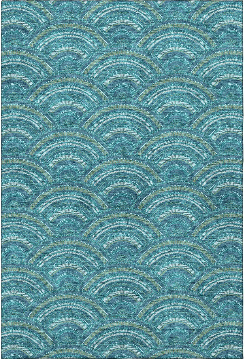 Teal Ivory And Fern Green Geometric Washable Area Rug With UV Protection Photo 3