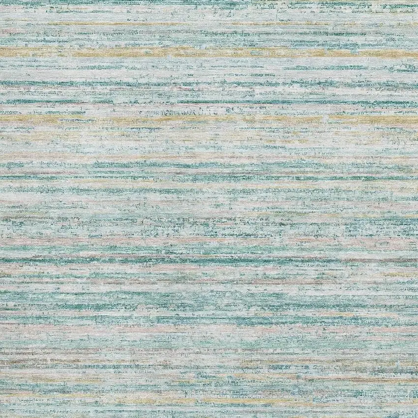 Teal Ivory And Gold Striped Washable Area Rug With UV Protection Photo 2