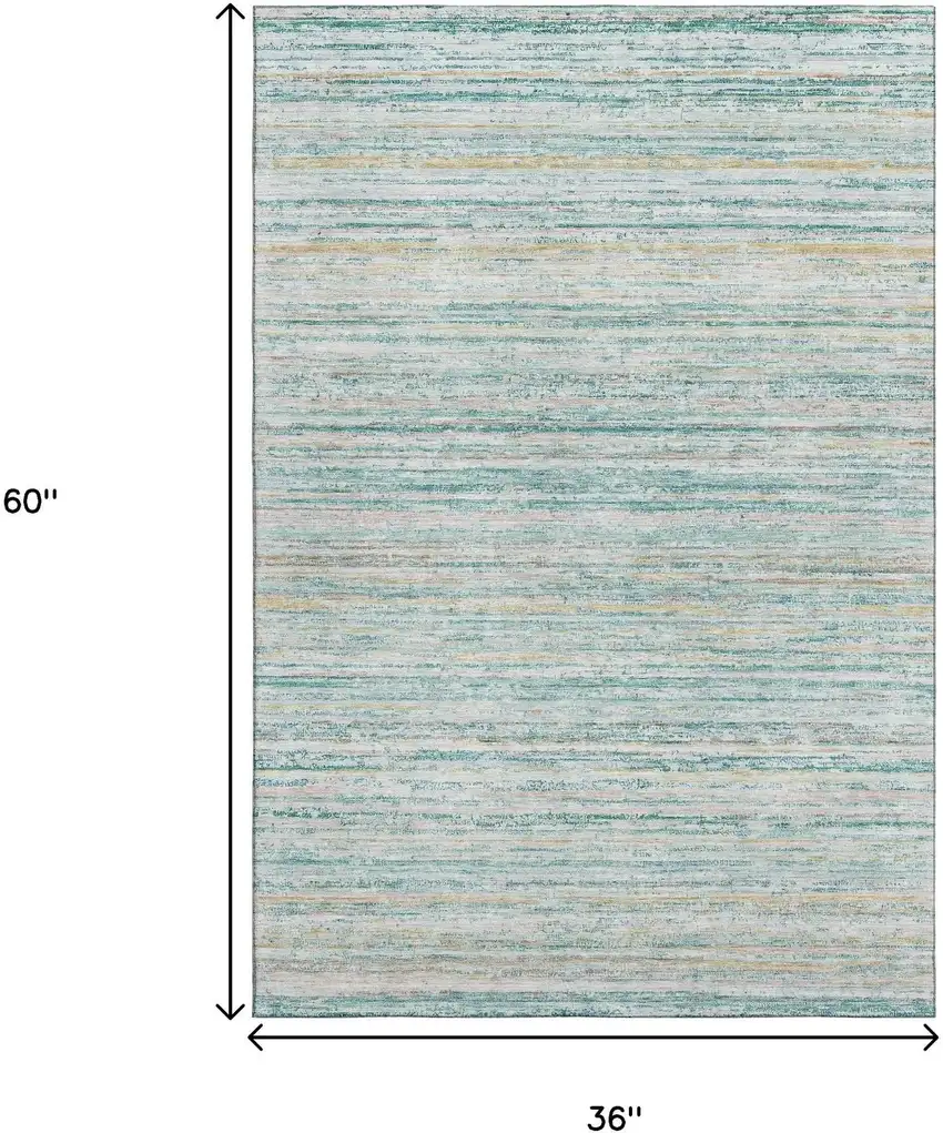 Teal Ivory And Gold Striped Washable Area Rug With UV Protection Photo 3
