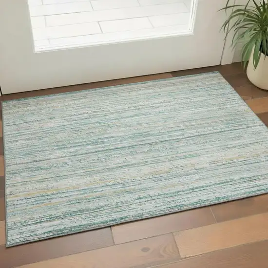 Teal Ivory And Gold Striped Washable Area Rug With UV Protection Photo 2