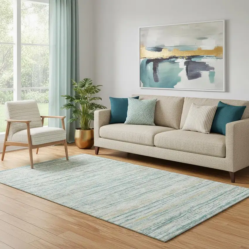 Teal Ivory And Gold Striped Washable Area Rug With UV Protection Photo 2