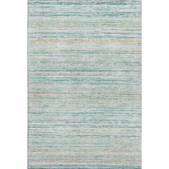 Teal Ivory And Gold Striped Washable Area Rug With UV Protection Photo 1