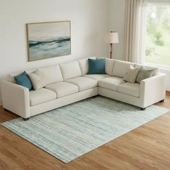 Teal Ivory And Gold Striped Washable Area Rug With UV Protection Photo 2