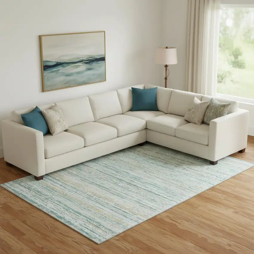 Teal Ivory And Gold Striped Washable Area Rug With UV Protection Photo 2