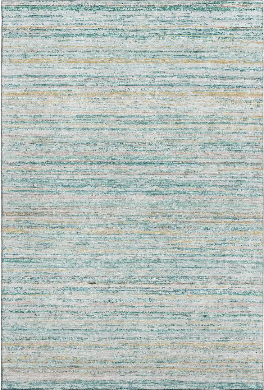 Teal Ivory And Gold Striped Washable Area Rug With UV Protection Photo 1