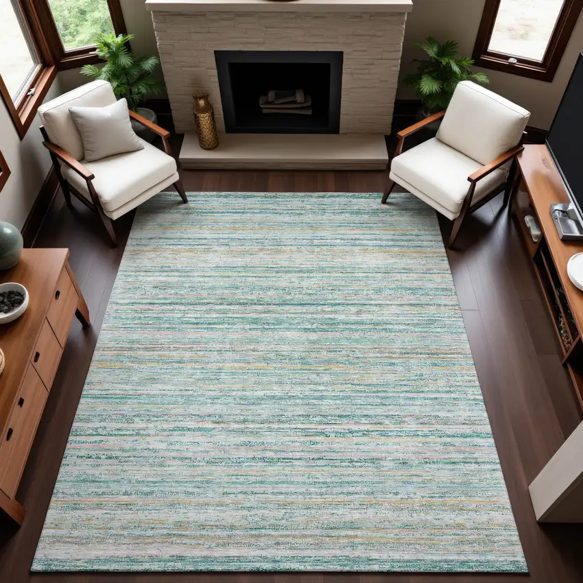Teal Ivory And Gold Striped Washable Area Rug With UV Protection Photo 4