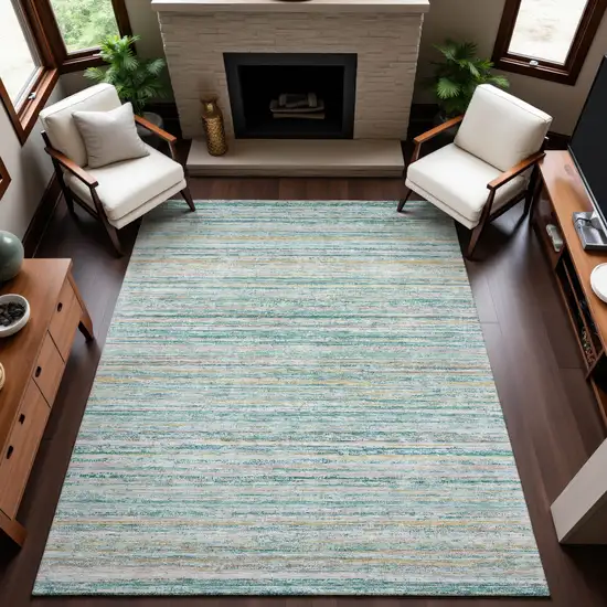 Teal Ivory And Gold Striped Washable Area Rug With UV Protection Photo 4