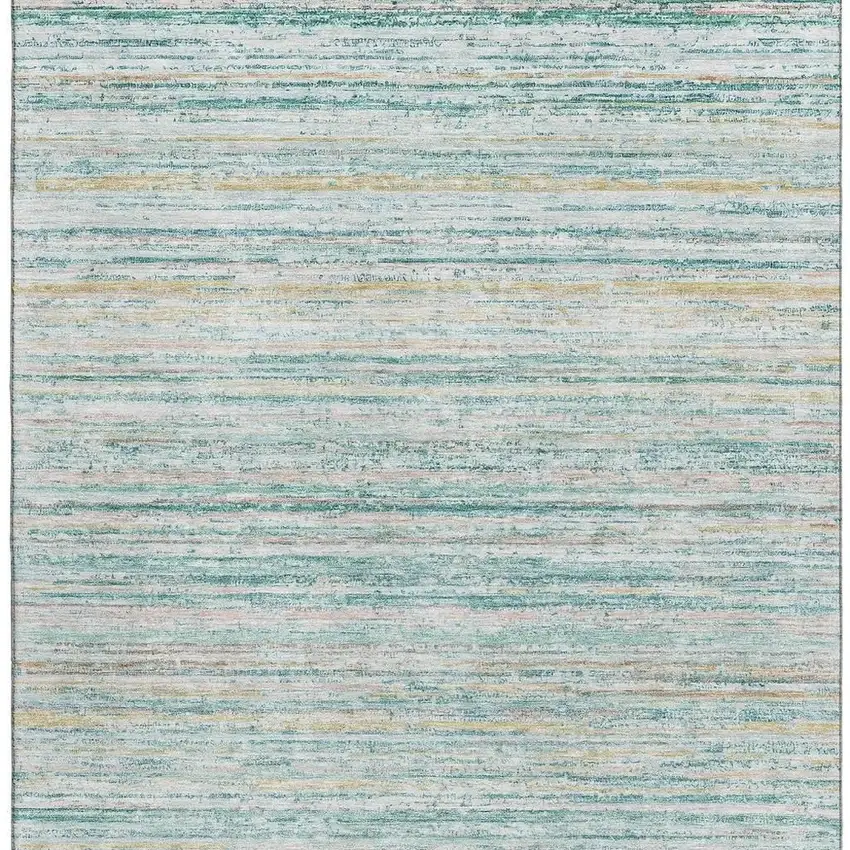 Teal Ivory And Gold Striped Washable Area Rug With UV Protection Photo 3