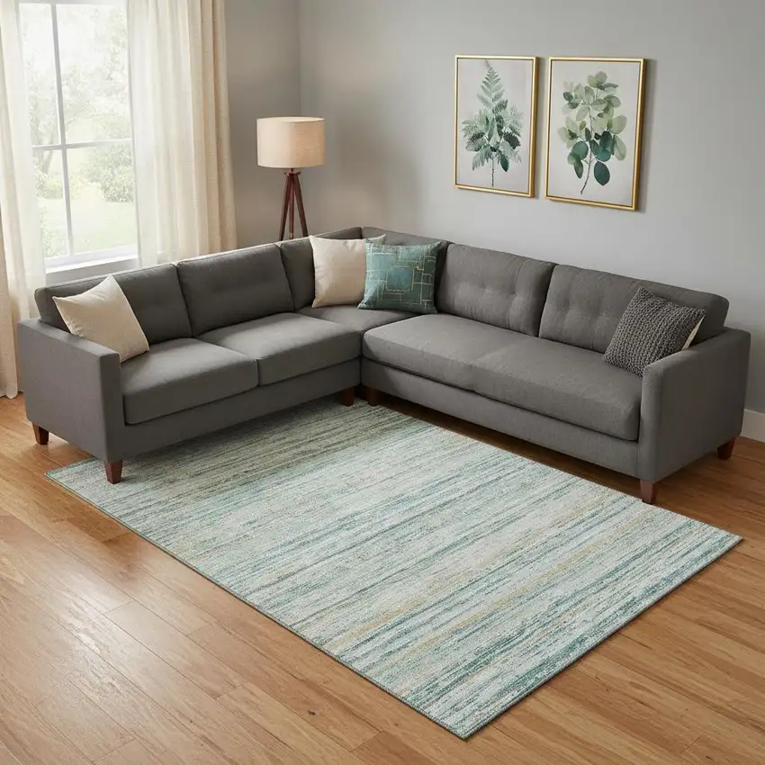 Teal Ivory And Gold Striped Washable Area Rug With UV Protection Photo 2