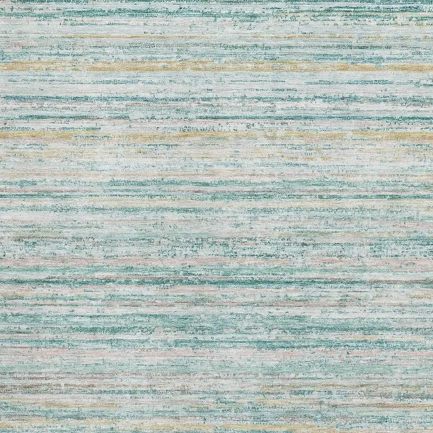 Teal Ivory And Gold Striped Washable Area Rug With UV Protection Photo 2