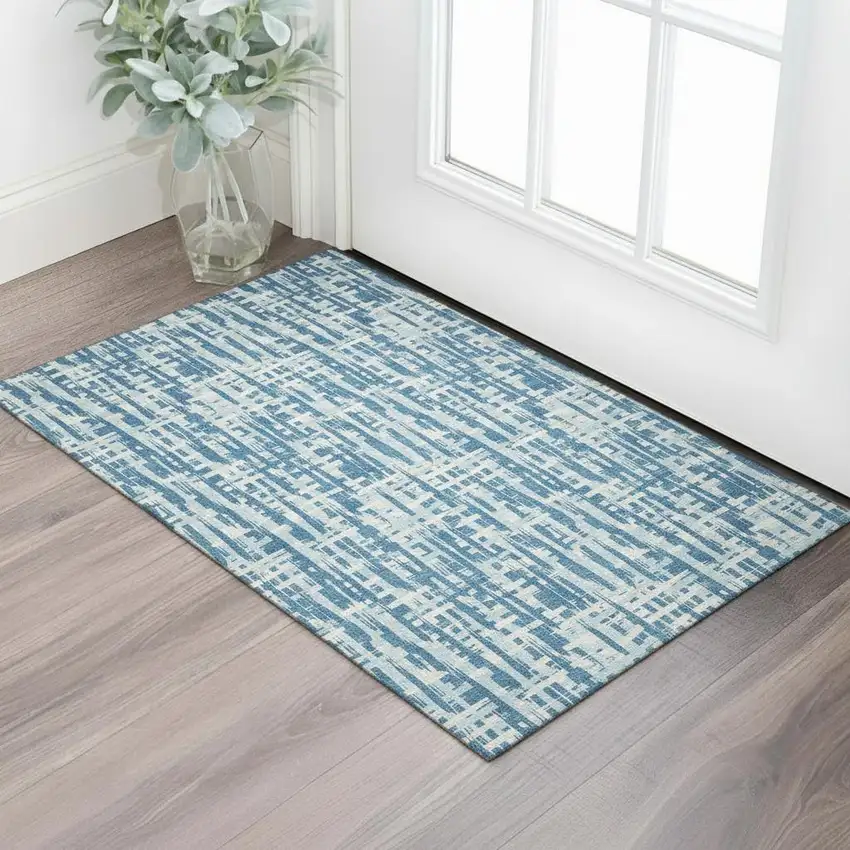 Teal Ivory And Gray Abstract Geometric Washable Area Rug With UV Protection Photo 2