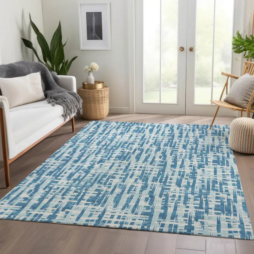 Teal Ivory And Gray Abstract Geometric Washable Area Rug With UV Protection Photo 5