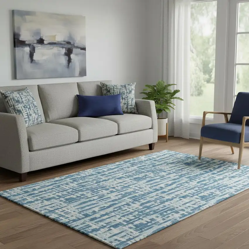 Teal Ivory And Gray Abstract Geometric Washable Area Rug With UV Protection Photo 2