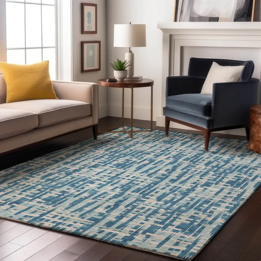 Teal Ivory And Gray Abstract Geometric Washable Area Rug With UV Protection Photo 4