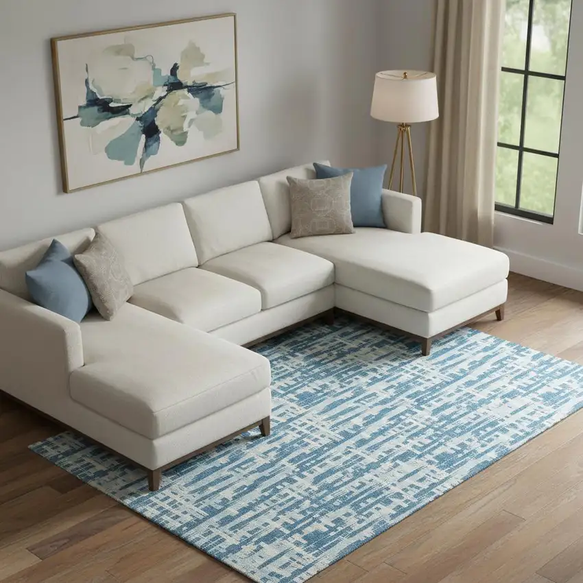Teal Ivory And Gray Abstract Geometric Washable Area Rug With UV Protection Photo 2