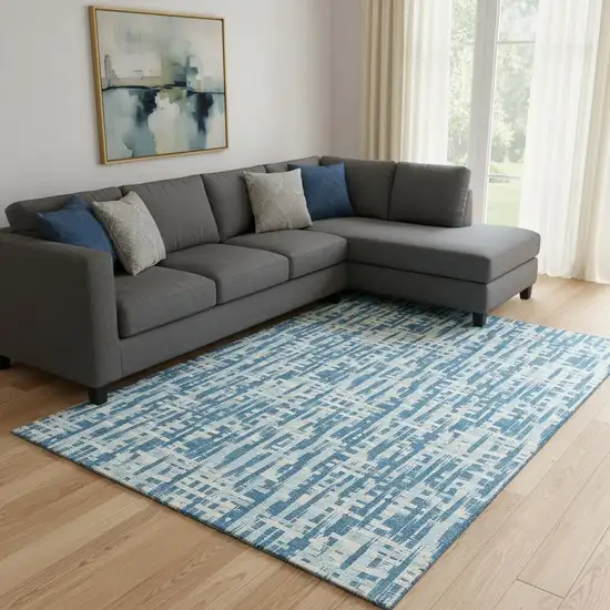 Teal Ivory And Gray Abstract Geometric Washable Area Rug With UV Protection Photo 2