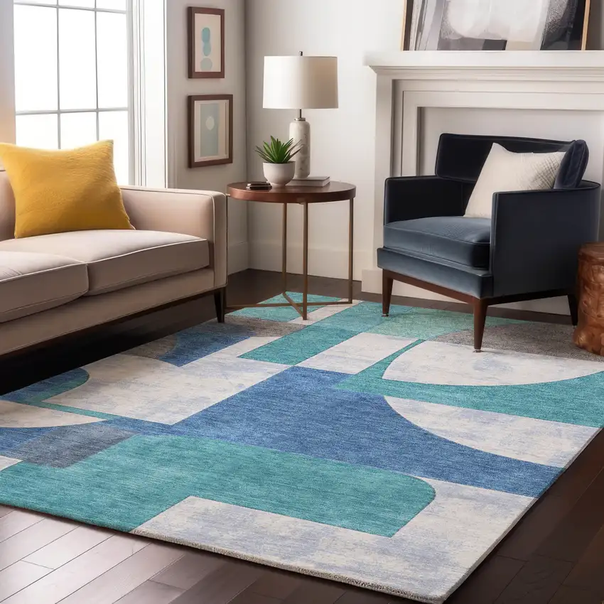 Teal Ivory And Gray Abstract Geometric Washable Area Rug With UV Protection Photo 4