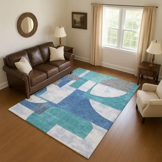 Teal Ivory And Gray Abstract Geometric Washable Area Rug With UV Protection Photo 3