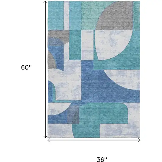 Teal Ivory And Gray Abstract Geometric Washable Area Rug With UV Protection Photo 9