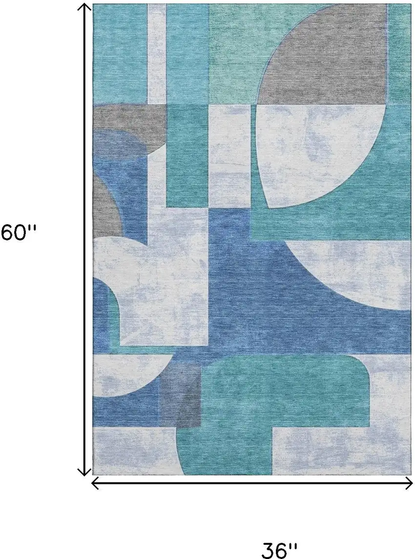Teal Ivory And Gray Abstract Geometric Washable Area Rug With UV Protection Photo 9