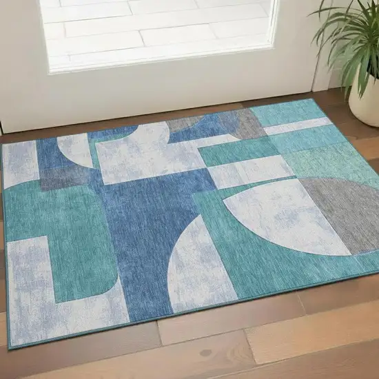Teal Ivory And Gray Abstract Geometric Washable Area Rug With UV Protection Photo 2