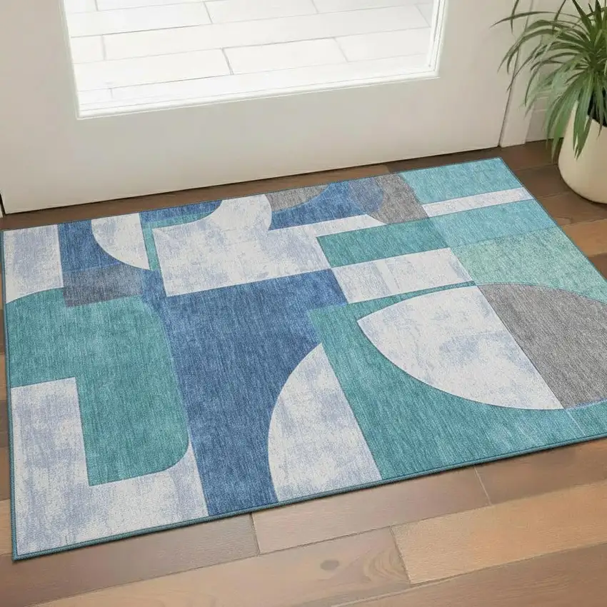 Teal Ivory And Gray Abstract Geometric Washable Area Rug With UV Protection Photo 2