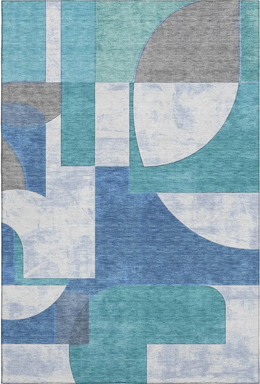 Teal Ivory And Gray Abstract Geometric Washable Area Rug With UV Protection Photo 1