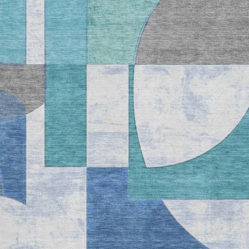 Teal Ivory And Gray Abstract Geometric Washable Area Rug With UV Protection Photo 2