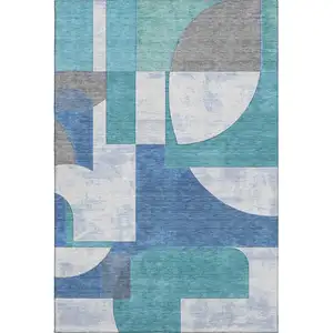 Photo of Teal Ivory And Gray Abstract Geometric Washable Area Rug With UV Protection