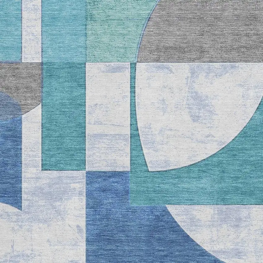 Teal Ivory And Gray Abstract Geometric Washable Area Rug With UV Protection Photo 2