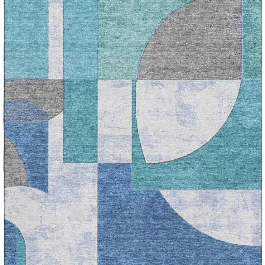 Teal Ivory And Gray Abstract Geometric Washable Area Rug With UV Protection Photo 3