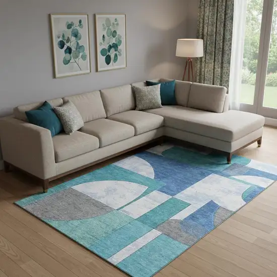 Teal Ivory And Gray Abstract Geometric Washable Area Rug With UV Protection Photo 2