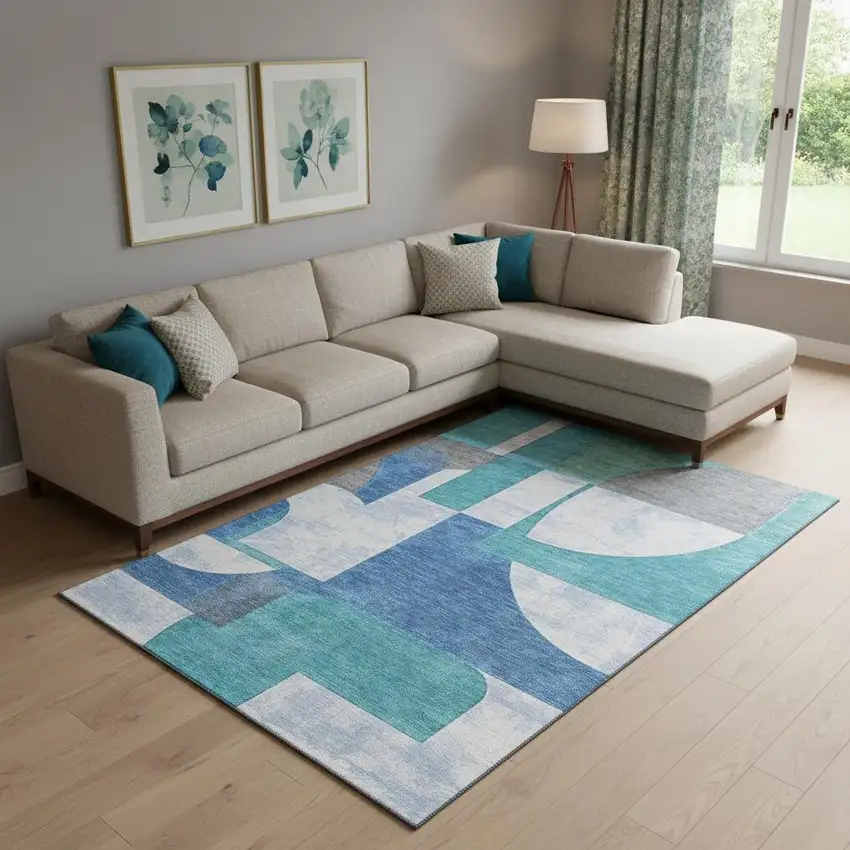 Teal Ivory And Gray Abstract Geometric Washable Area Rug With UV Protection Photo 2